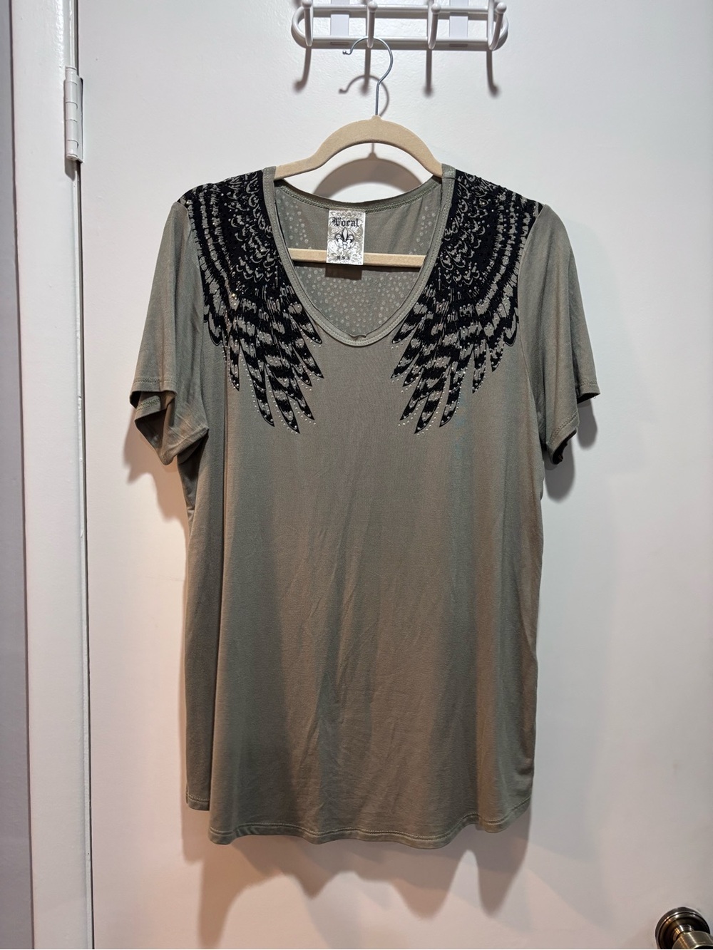 Olive Green Embellished Wing-Print V-Neck Tee